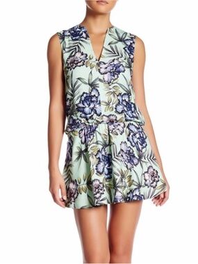 alice + olivia Mint Floral V-Neck Romper with Navy Accents